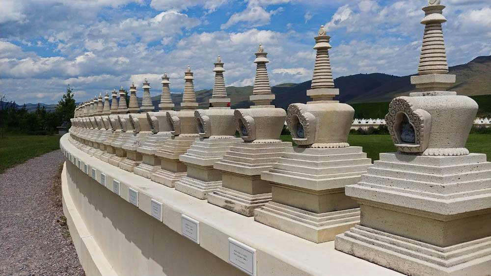 Row of stuppas at Garden of 1000 Buddhas in Montana