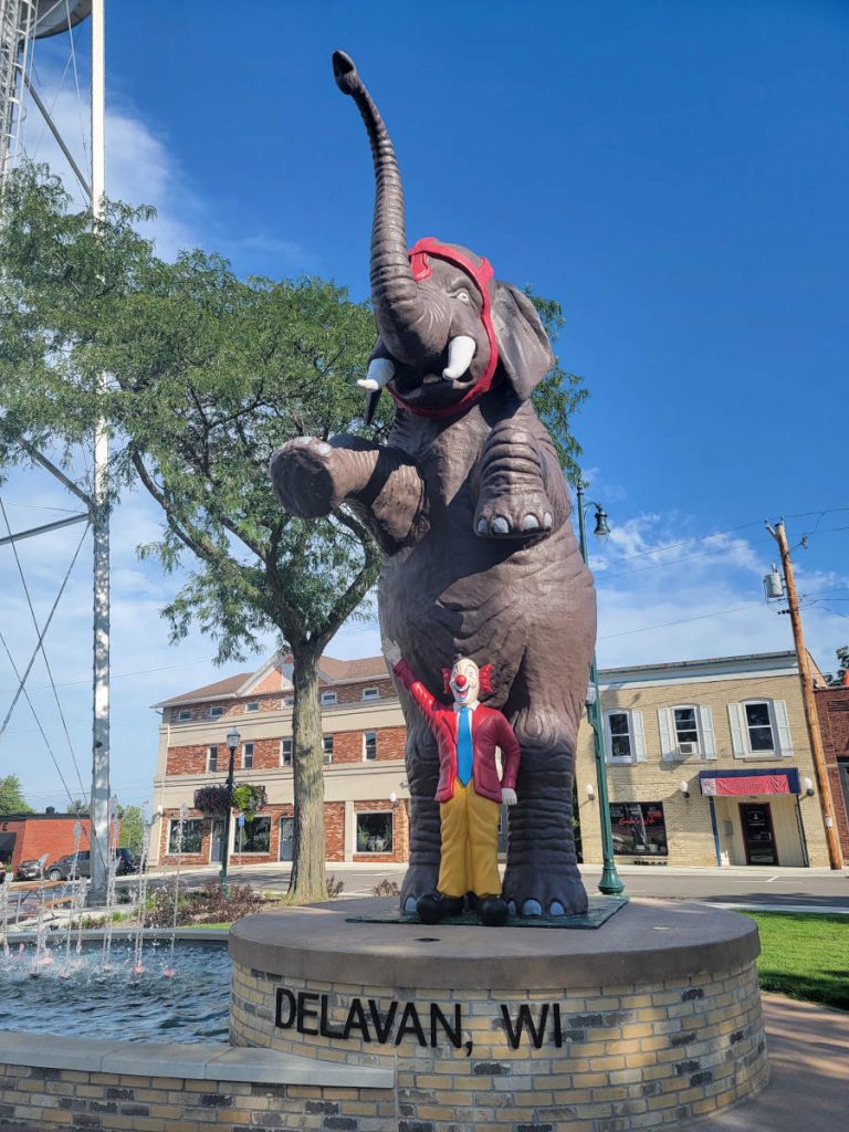 Elephant and clown statue in downtown Delavan Wisconsin