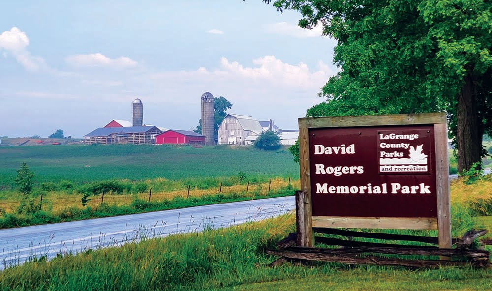 David Rogers Memorial Park in Shipshewana and LaGrange County Indiana. Farm in background.