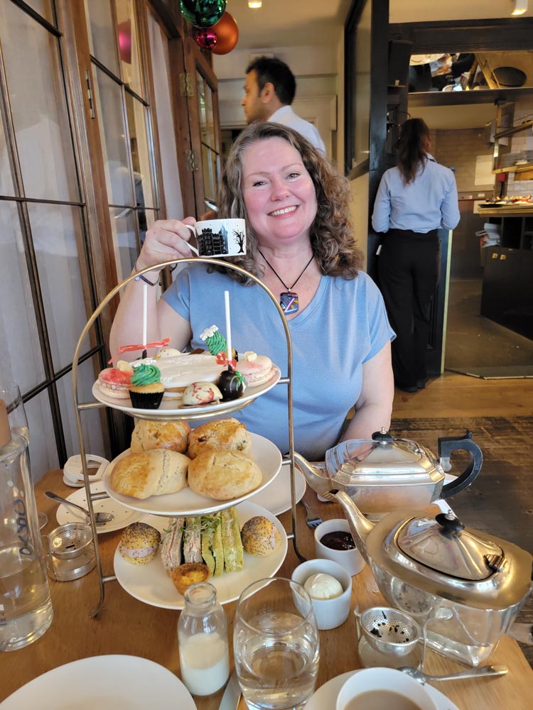Theresa having Afternoon tea at The Swan in London