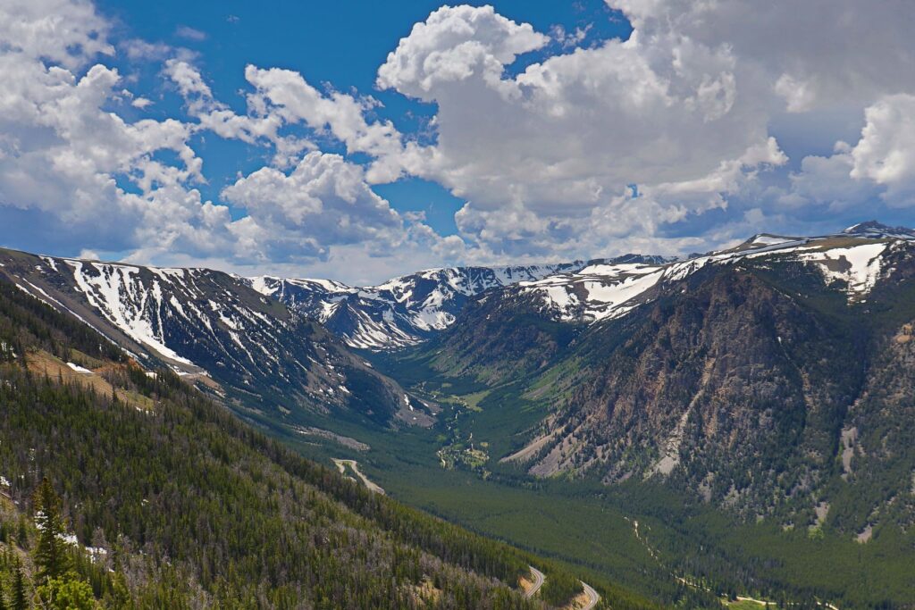 Beartooth Highway overlook, where you can see the valley below and stretches of the road.
